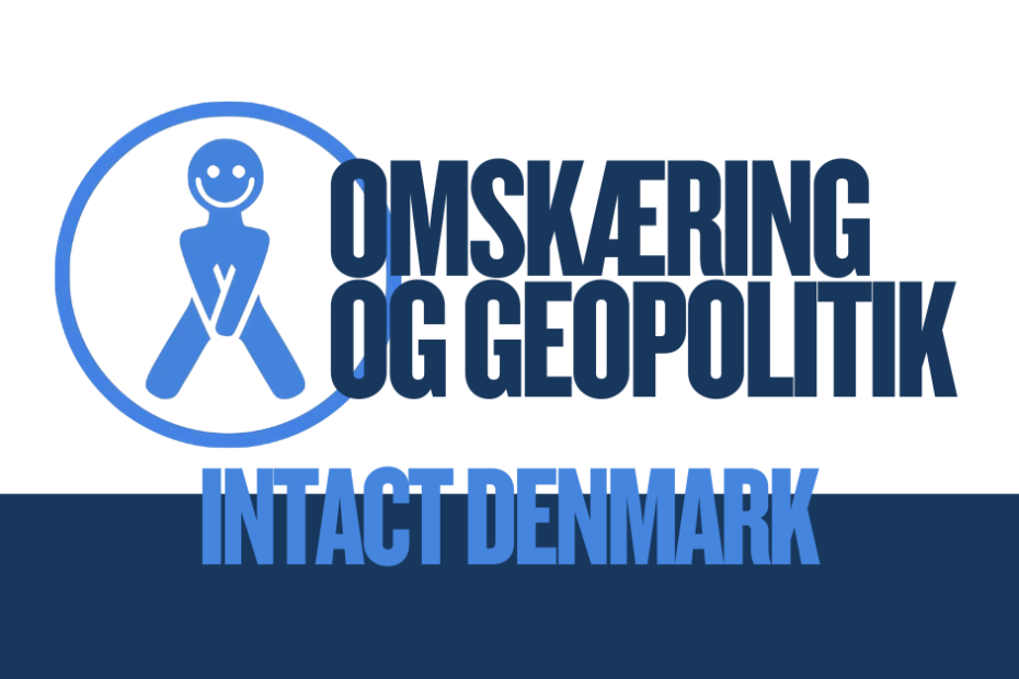 Intact Denmark logo - figur der smilende beskytter sit skridt i målmandspositur. Tekst Omskæring og geopolitik.